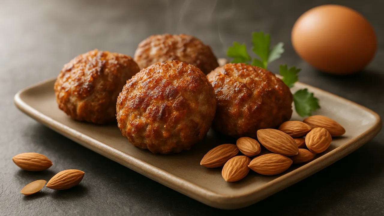 Low-Carb-Frikadellen mit Mandeln statt Brötchen aus dem Airfryer mit Hackfleisch gemischt und Mandeln, auf dunklem Schiefer …