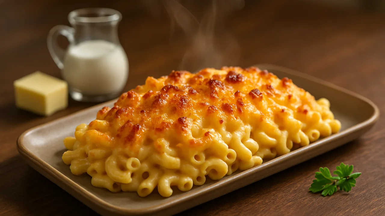 Mac and Cheese aus dem Airfryer mit Makkaroni mit Makkaroni und Butter, auf dunklem Walnussholz angerichtet.