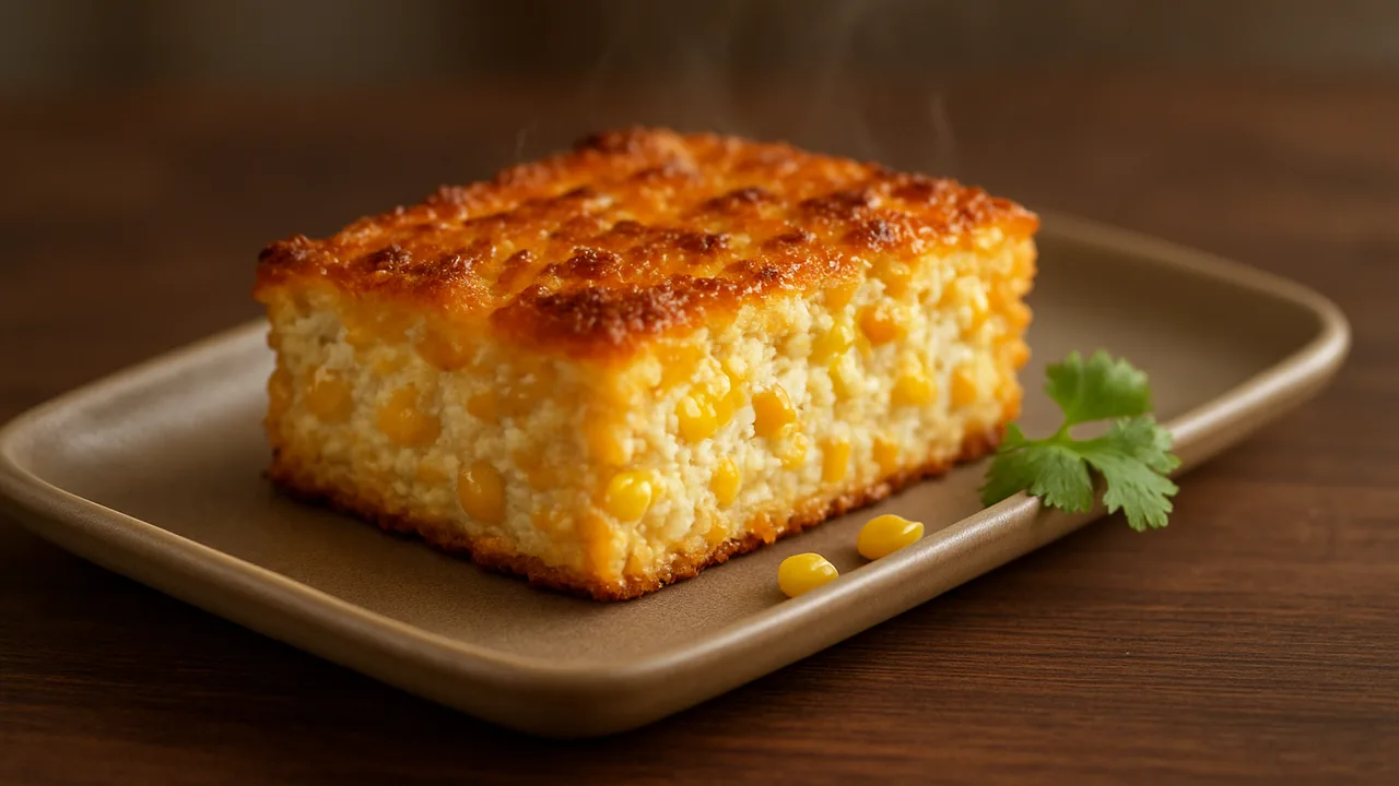 Mais-Frischkäse-Auflauf marokkanisch aus dem Airfryer mit Mais und Frischkäse, auf dunklem Walnussholz angerichtet.