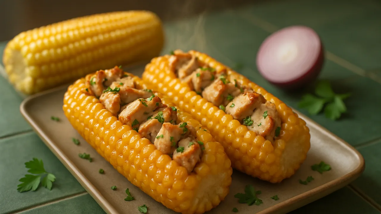 Mais gefüllt mit Putenbrust und Kräutern aus dem Airfryer mit Maiskolben und Putenbrust, auf dunkelgrünen Fliesen …