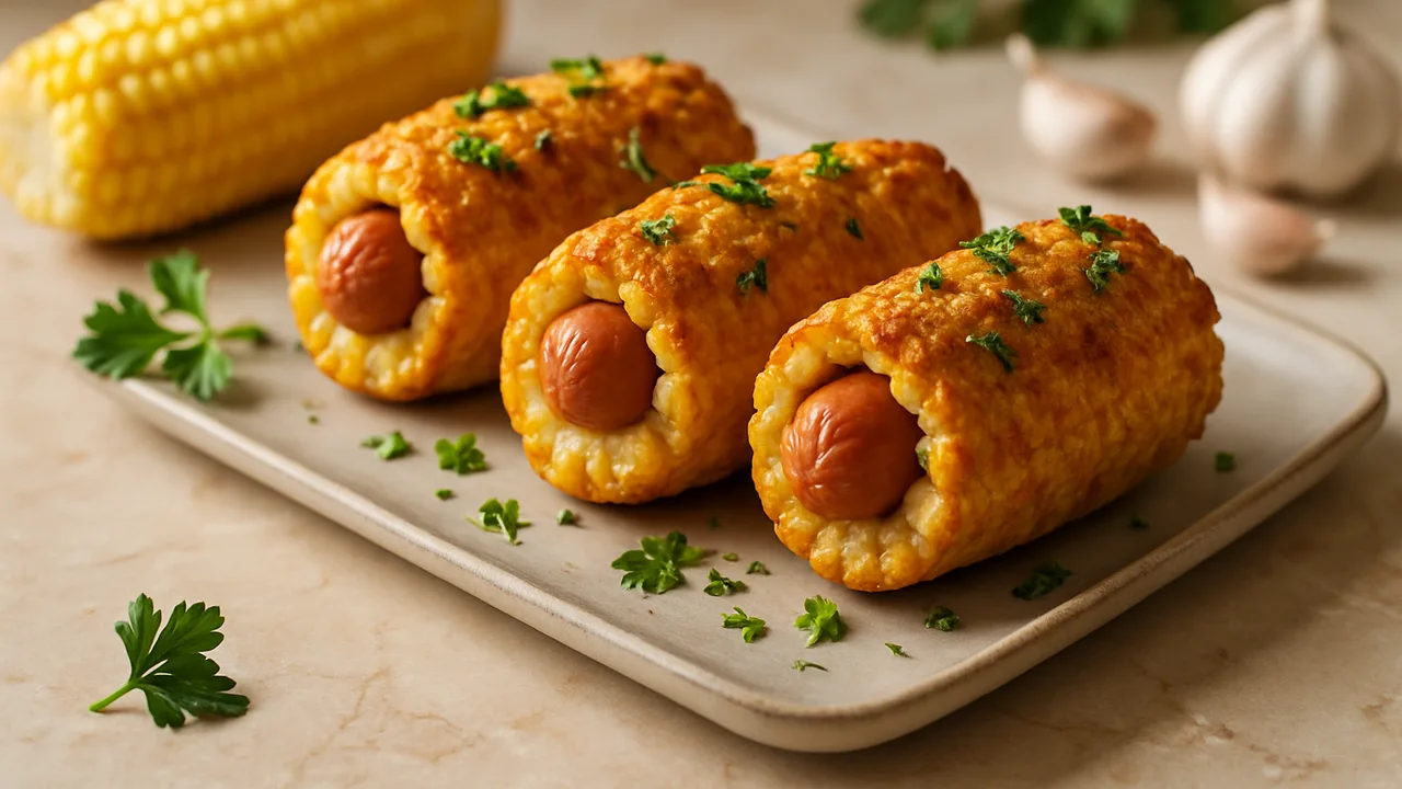 Mais gefüllt mit Wiener Würstchen und Kräutern aus dem Airfryer mit Maiskolben und Wiener Würstchen, auf beigem Marmor …