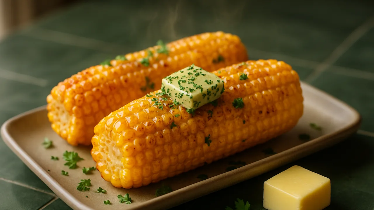 Maiskolben mit Kräuterbutter aus dem Airfryer mit Maiskolben und Butter, auf dunkelgrünen Fliesen angerichtet.