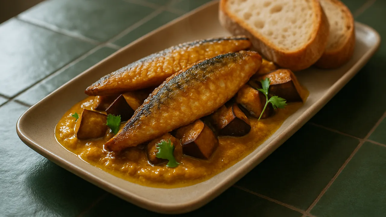 Makrele Curry mit Aubergine und Brot aus dem Airfryer mit Makrelenfilets und Aubergine, auf dunkelgrünen Fliesen angerichtet.
