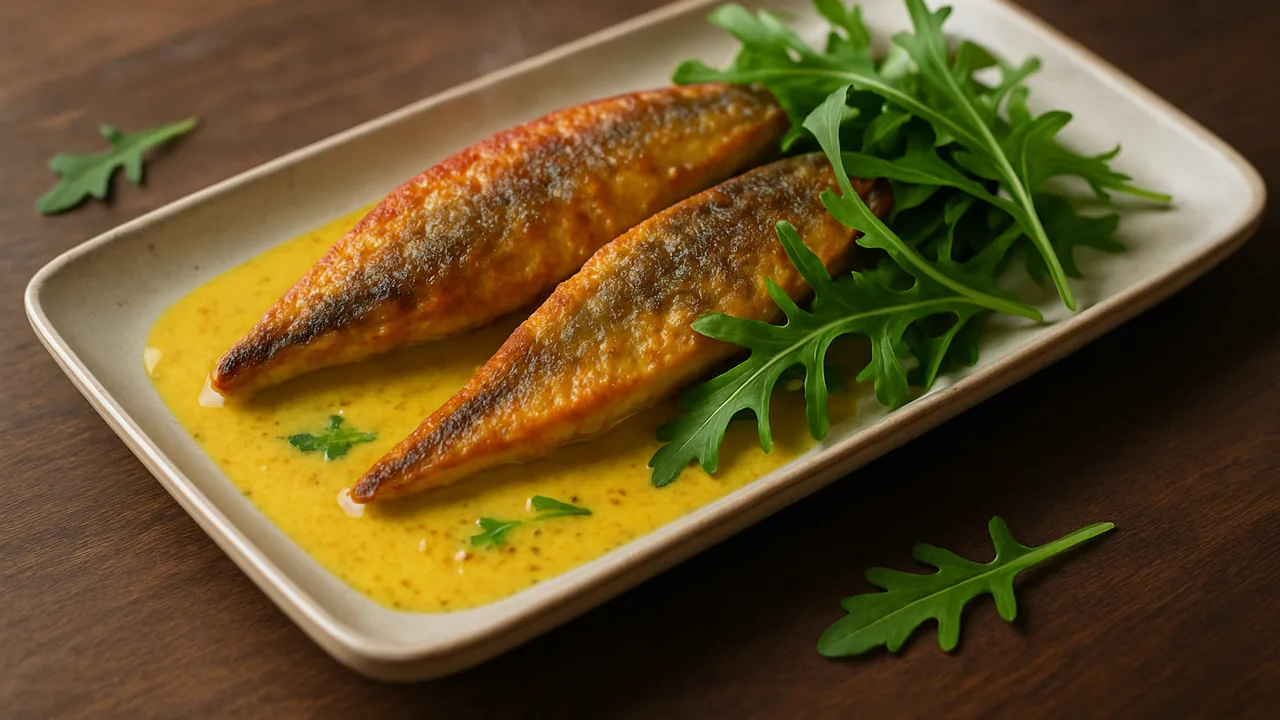 Makrele Curry mit Rucola aus dem Airfryer mit Makrelenfilets und Kokosmilch, auf dunklem Walnussholz angerichtet.