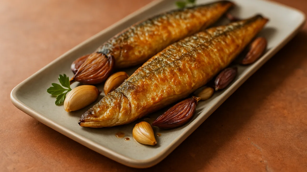 Makrele-Schalotte-Pfanne aus dem Airfryer mit Makrelenfilets und Schalotten, auf Terracotta-Fliesen angerichtet.