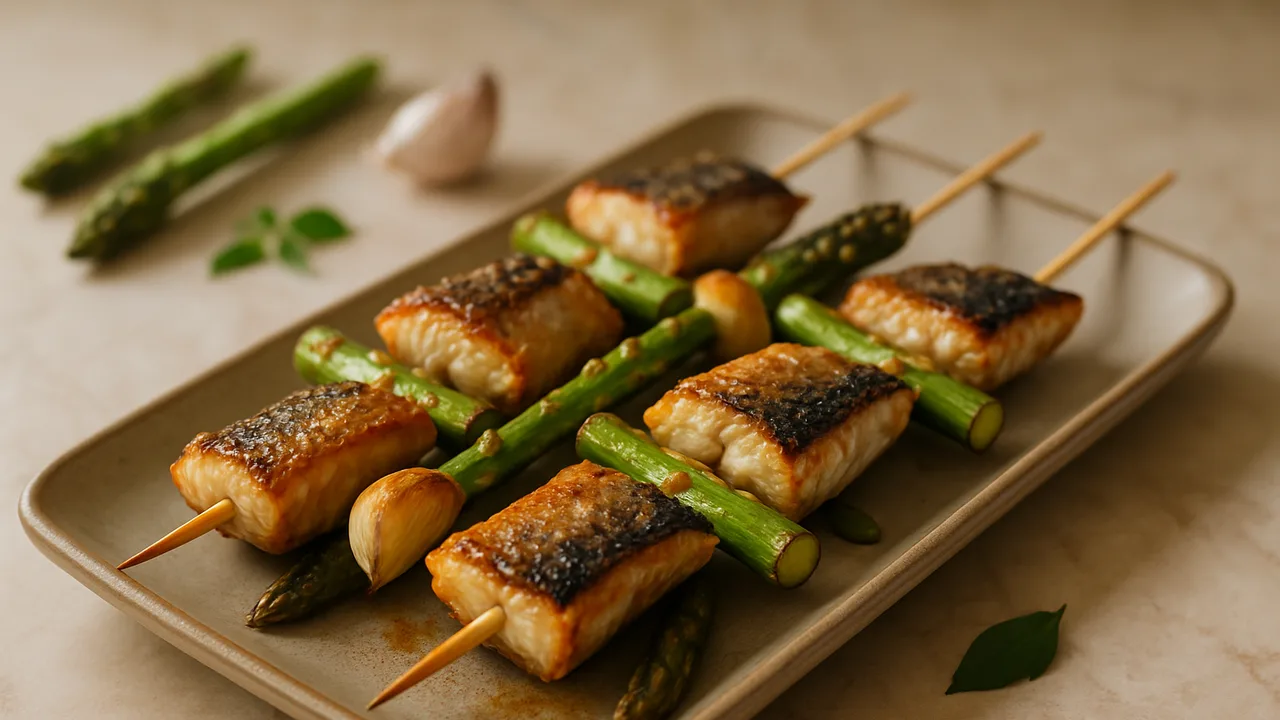 Makrele-Spieße mit Spargel aus dem Airfryer mit Makrelenfilets und grüner Spargel, auf beigem Marmor angerichtet.