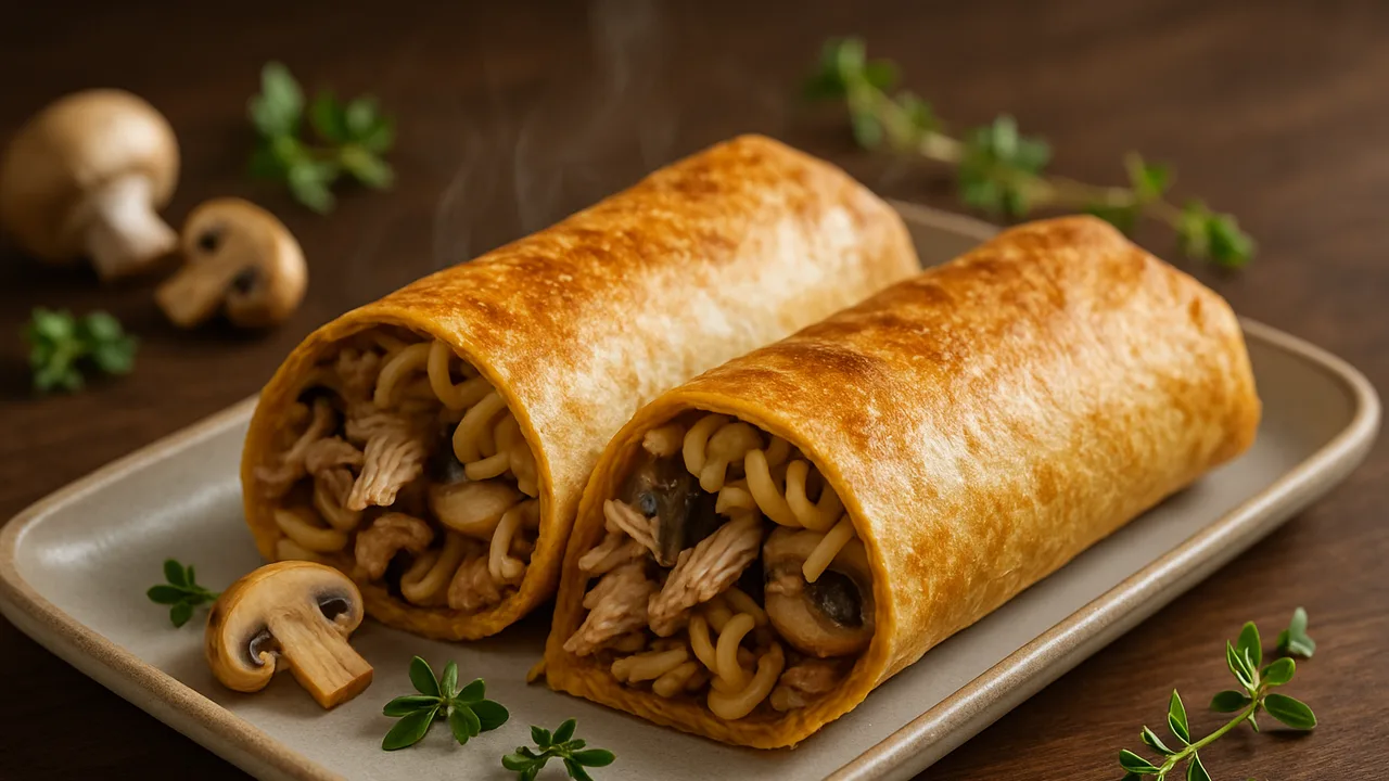 Makrele Wrap mit Champignons und Nudeln aus dem Airfryer mit geräucherte Makrele und Weizen-Tortillas, auf dunklem …