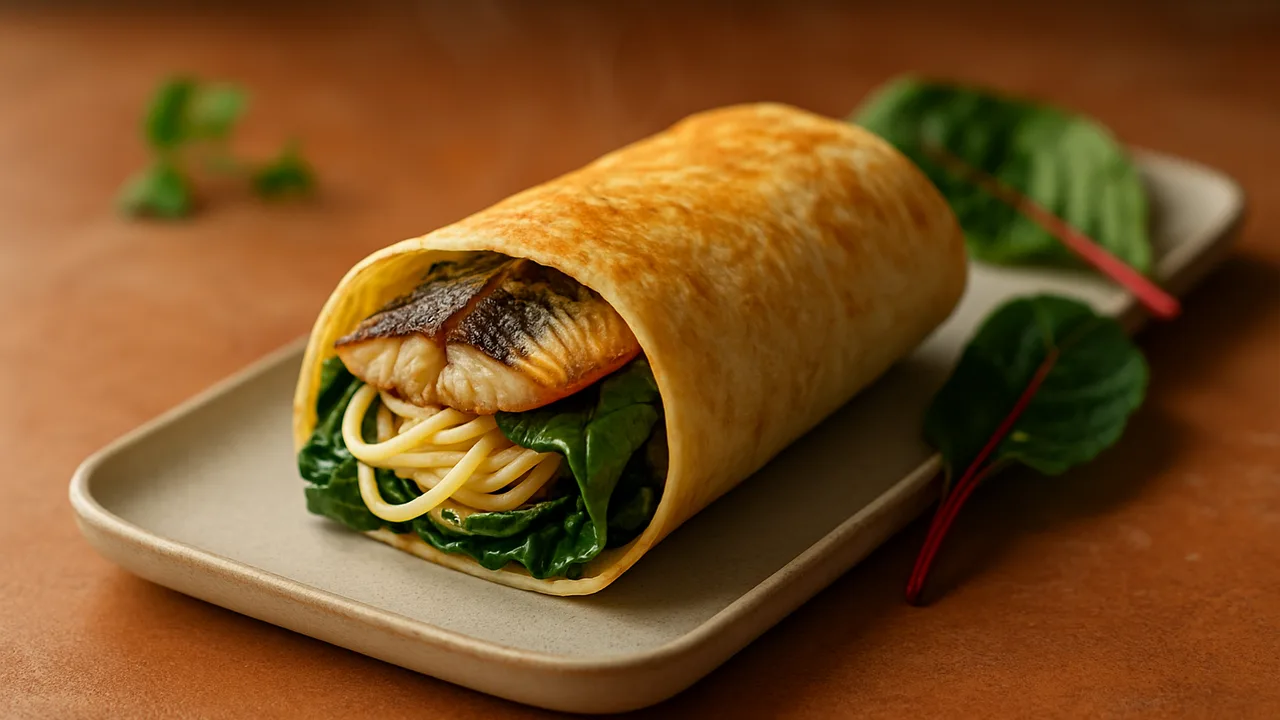 Makrele Wrap mit Mangold und Nudeln aus dem Airfryer mit Makrelenfilet und Mangold, auf Terracotta-Fliesen angerichtet.