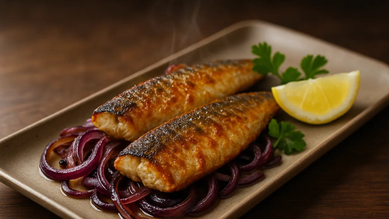 Makrele-Zwiebel-Pfanne aus dem Airfryer mit Makrelenfilets und rote Zwiebeln, auf dunklem Walnussholz angerichtet.