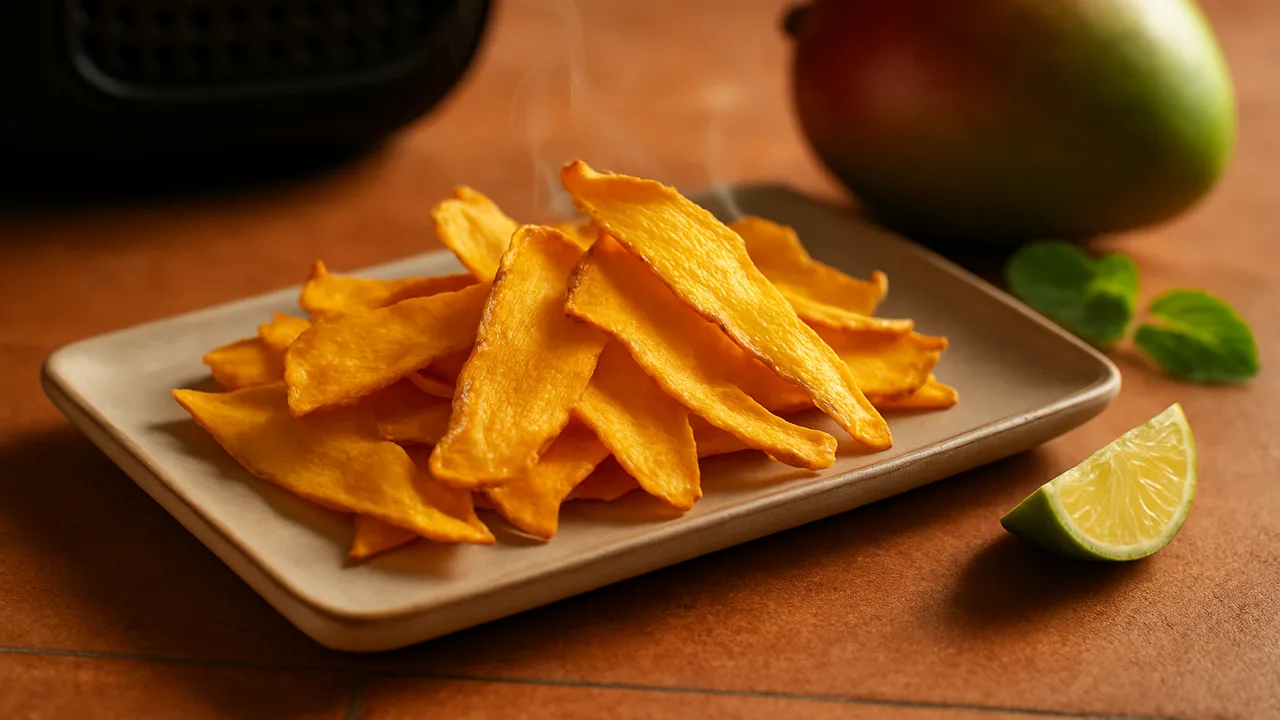 Mango-Chips aus dem Airfryer mit Mango, auf Terracotta-Fliesen angerichtet.