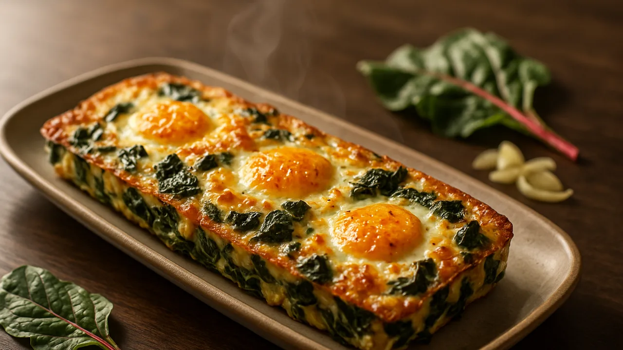 Mangold-Ei-Auflauf aus dem Airfryer mit Mangold und Eier, auf dunklem Walnussholz angerichtet.