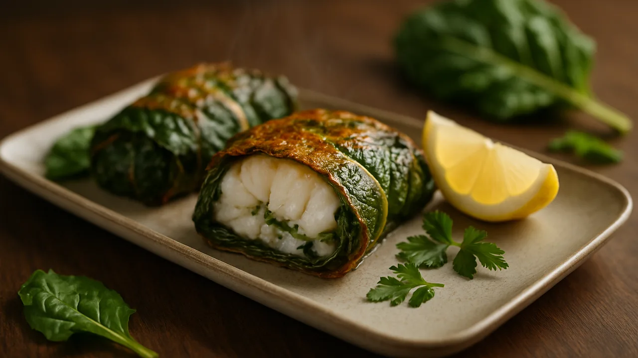 Mangold gefüllt mit Kabeljau und Kräutern aus dem Airfryer mit Mangoldblätter und Kabeljaufilet, auf dunklem Walnussholz …