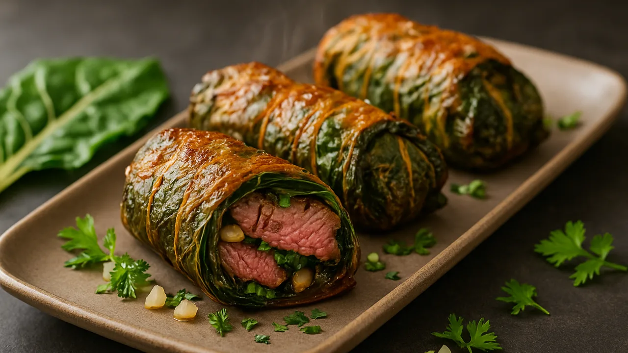 Mangold gefüllt mit Rumpsteak und Kräutern aus dem Airfryer mit Rumpsteak und Mangoldblätter, auf dunklem Schiefer …