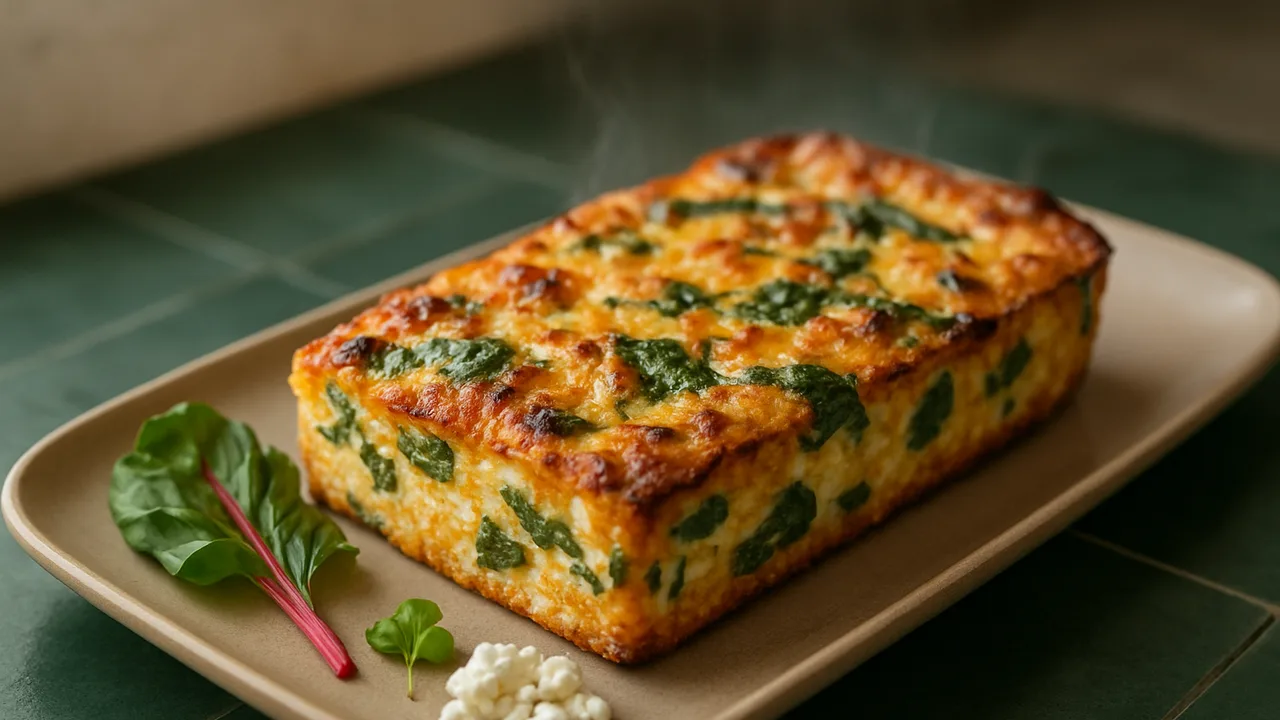 Mangold-Körniger Frischkäse-Auflauf aus dem Airfryer mit Mangold und körniger Frischkäse, auf dunkelgrünen Fliesen …