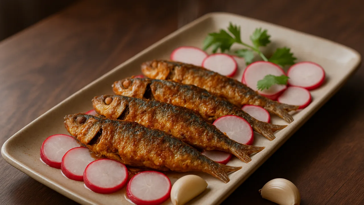 Marokkanische Sardinen mit Radieschen aus dem Airfryer mit Sardinen und Radieschen, auf dunklem Walnussholz angerichtet.