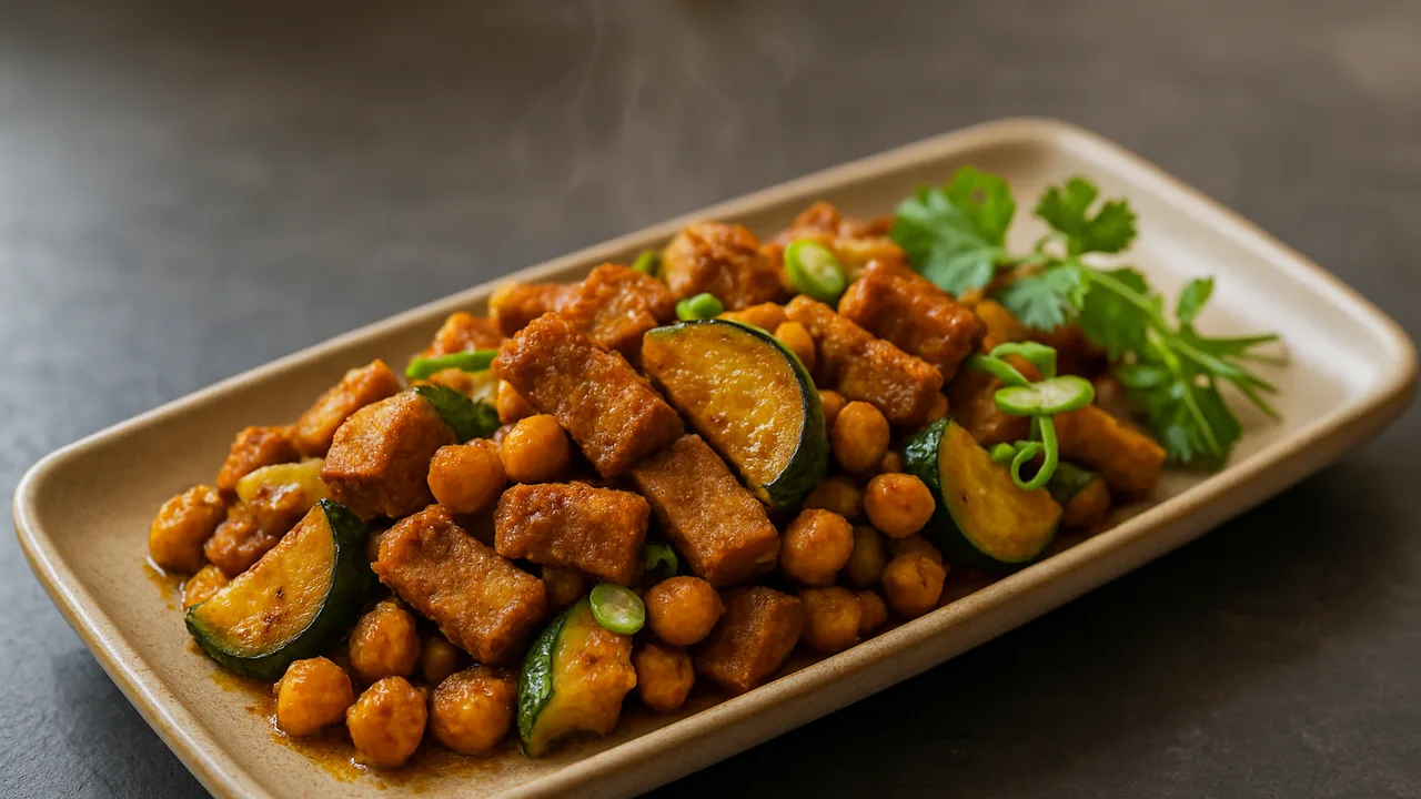 Marokkanische Seitan-Frühlingszwiebel-Pfanne aus dem Airfryer mit Seitan und Kichererbsen, auf dunklem Schiefer angerichtet.