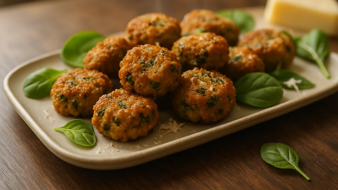 Marokkanische Sojaschnetzel-Nuggets mit Spinat aus dem Airfryer mit Sojaschnetzel und Ei, auf dunklem Walnussholz …