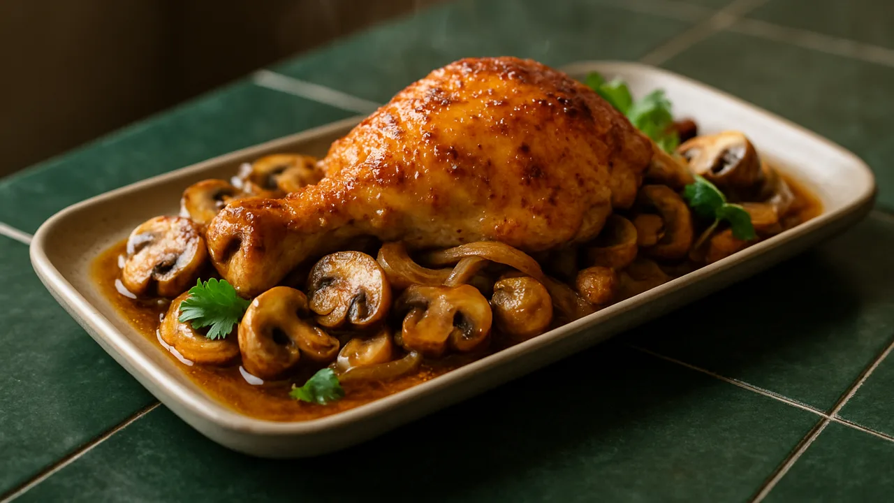 Marokkanischer Champignons-Hähnchenschenkel Auflauf aus dem Airfryer mit Hähnchenschenkel und Champignons, auf dunkelgrünen …