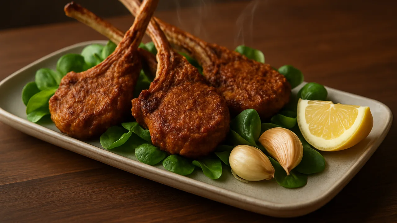 Marokkanisches Lammkotelett auf Feldsalat aus dem Airfryer mit Lammkoteletts und Knoblauchzehen, auf dunklem Walnussholz …