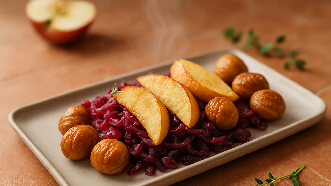 Maronen mit Rotkohl und Äpfeln aus dem Airfryer mit Rotkohl und Äpfel, auf Terracotta-Fliesen angerichtet.