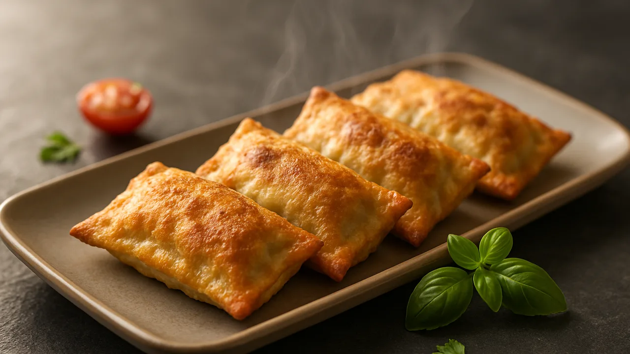 Maultaschen knusprig aus dem Airfryer mit Maultaschen (TK oder frisch), auf dunklem Schiefer angerichtet.