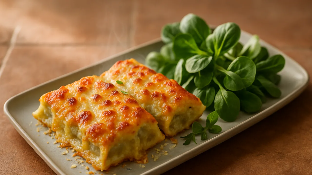 Maultaschen mit Käse überbacken und Feldsalat aus dem Airfryer mit Maultaschen und Emmentaler, auf Terracotta-Fliesen …