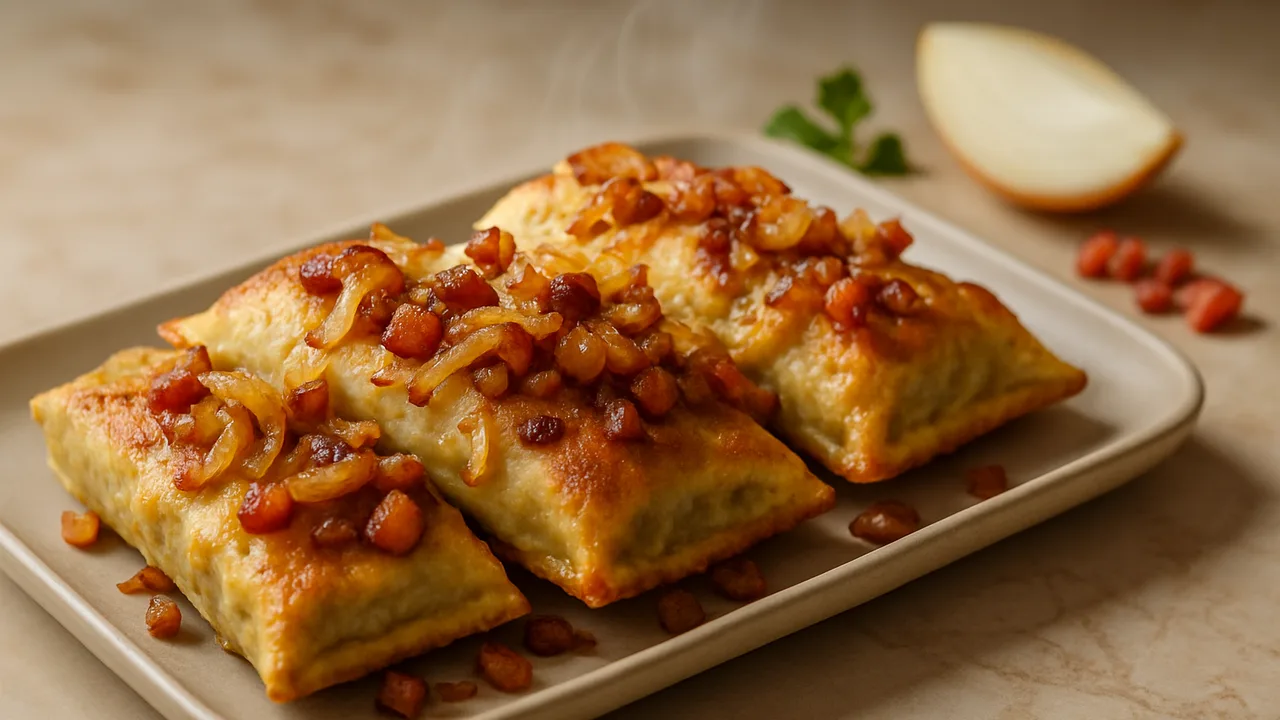 Maultaschen mit Zwiebeln und Speck überbacken aus dem Airfryer mit Maultaschen und Zwiebel, auf beigem Marmor angerichtet.