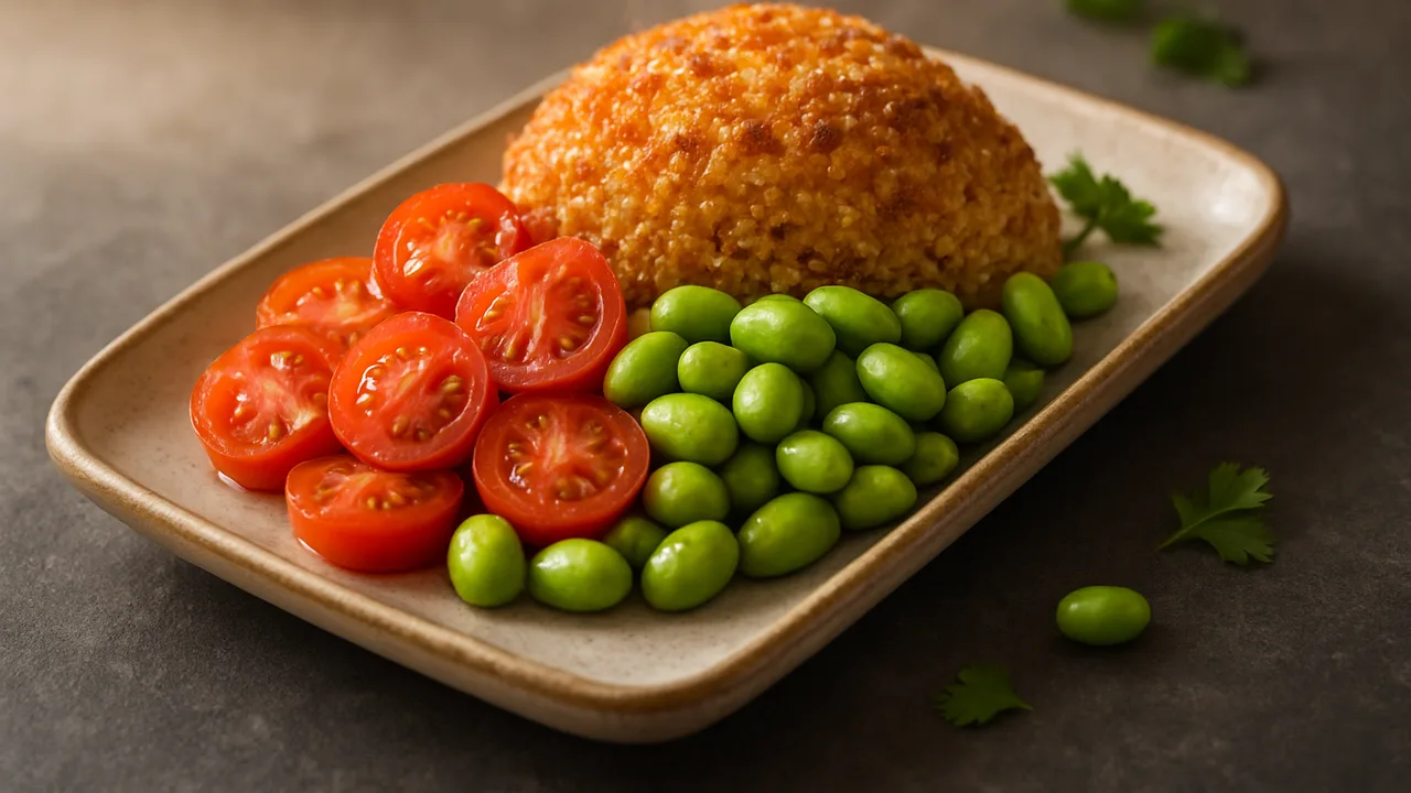 Meal-Prep Edamame Bowl mit Quinoa und Tomate aus dem Airfryer mit Quinoa und Edamame, auf dunklem Schiefer angerichtet.