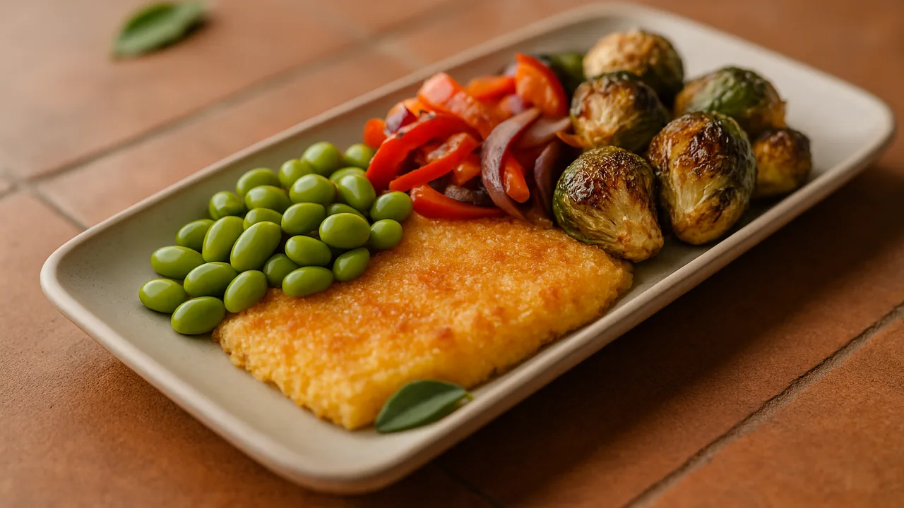 Meal-Prep Edamame Bowl mit Polenta und Rosenkohl aus dem Airfryer mit Rosenkohl und Paprika, auf Terracotta-Fliesen …
