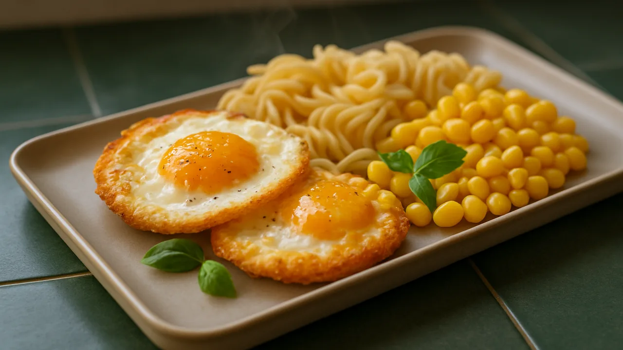 Meal-Prep Ei Bowl mit Nudeln und Mais aus dem Airfryer mit Eier und Nudeln, auf dunkelgrünen Fliesen angerichtet.