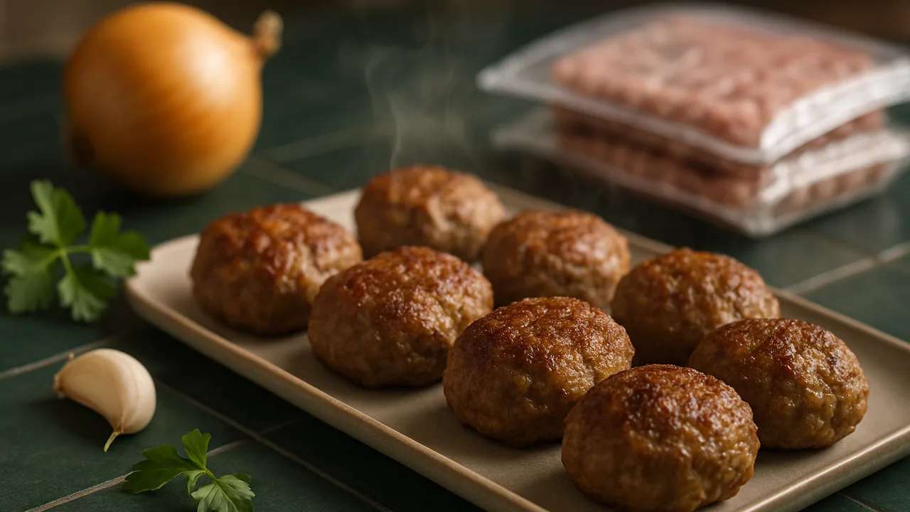 Meal-Prep-Frikadellen zum Einfrieren aus dem Airfryer mit gemischtes Hackfleisch und Zwiebel, auf dunkelgrünen Fliesen …