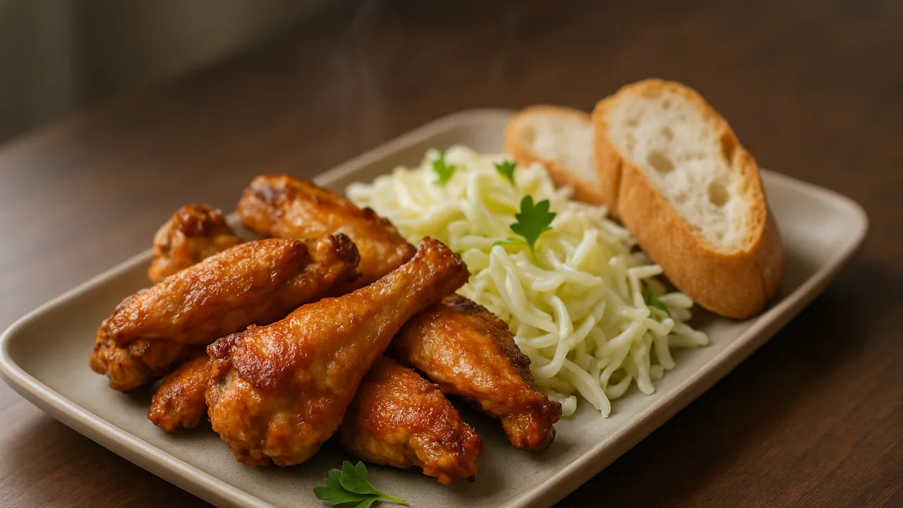 Meal-Prep Hähnchenflügel Bowl mit Baguette und Weißkohl aus dem Airfryer mit Hähnchenflügel und Weißkohl, auf dunklem …