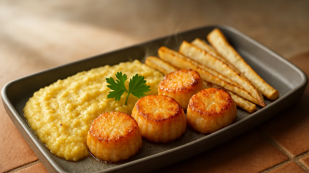 Meal-Prep Jakobsmuscheln Bowl mit Polenta und Pastinake aus dem Airfryer mit Jakobsmuscheln und Polenta (Maisgrieß), auf …