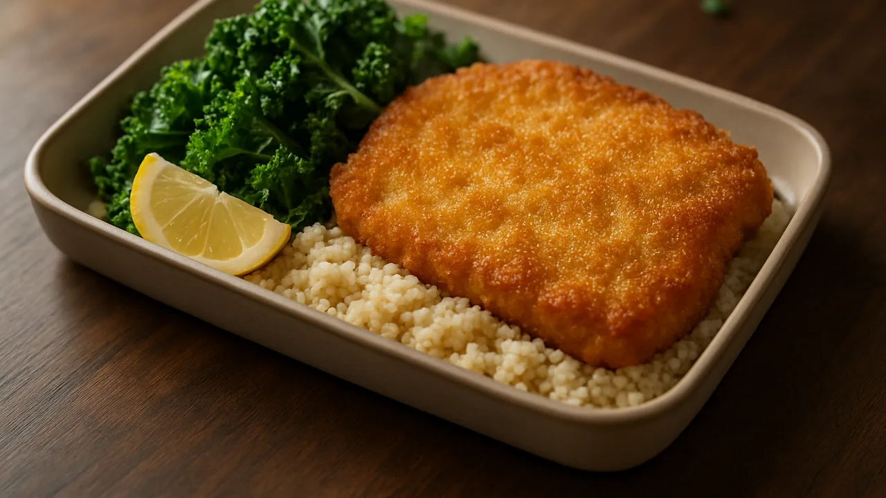 Meal-Prep Kalbsschnitzel Bowl mit Couscous und Grünkohl aus dem Airfryer mit Kalbsschnitzel und Grünkohl, auf dunklem …