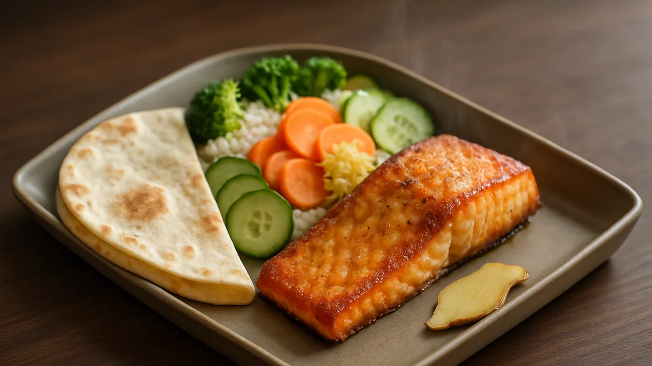 Meal-Prep Lachs Bowl mit Tortilla und Ingwer aus dem Airfryer mit Lachsfilet und Tortillafladen, auf dunklem Walnussholz …