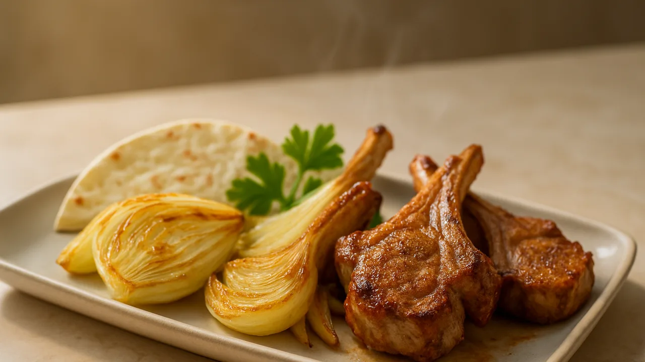Meal-Prep Lammkotelett Bowl mit Tortilla und Fenchel aus dem Airfryer mit Lammkoteletts und Fenchelknolle, auf beigem …