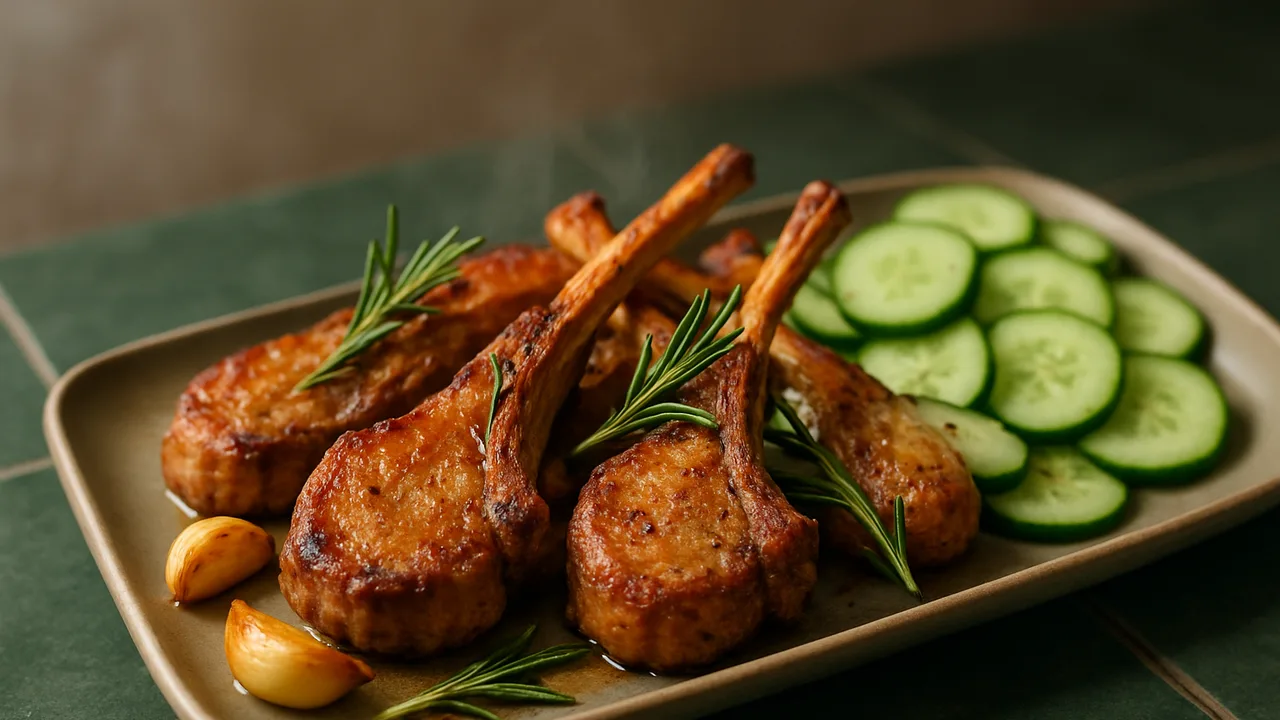 Meal-Prep Lammkotelett mit Gurke aus dem Airfryer mit Lammkoteletts und Knoblauchzehen, auf dunkelgrünen Fliesen angerichtet.