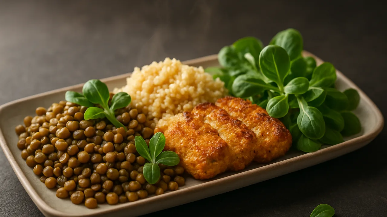 Meal-Prep Linsen Bowl mit Hirse und Feldsalat aus dem Airfryer mit Linsen und Hirse, auf dunklem Schiefer angerichtet.