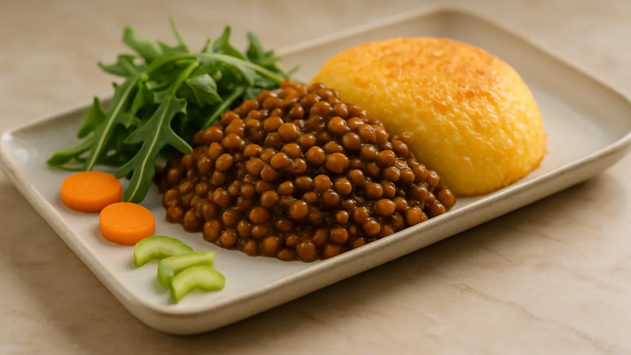 Meal-Prep Linsen Bowl mit Polenta und Rucola aus dem Airfryer mit Linsen und Instant-Polenta, auf beigem Marmor angerichtet.