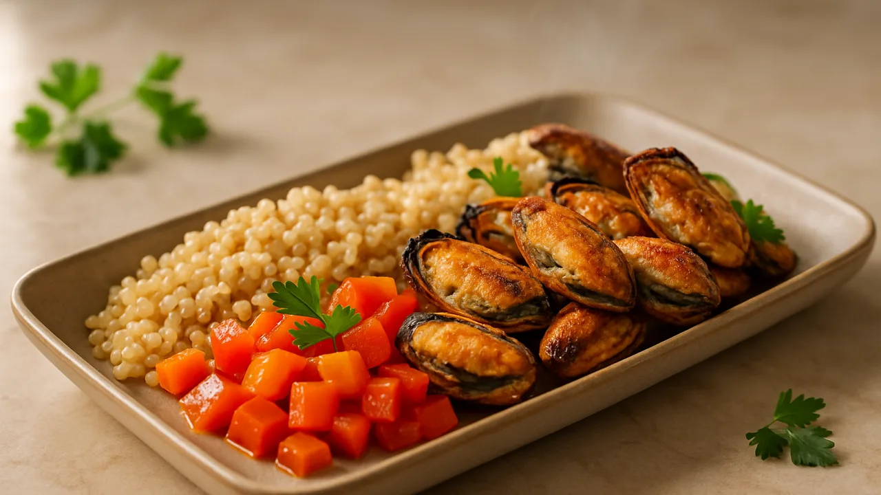 Meal-Prep Miesmuscheln Bowl mit Bulgur und Paprika aus dem Airfryer mit Miesmuscheln und Bulgur, auf beigem Marmor …