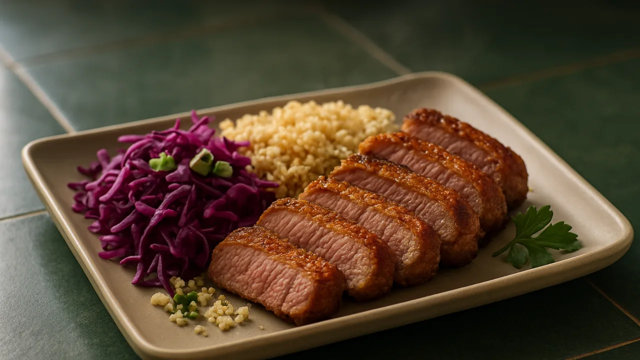 Meal-Prep Rinderfilet Bowl mit Quinoa und Rotkohl aus dem Airfryer mit Rinderfilet und Quinoa, auf dunkelgrünen Fliesen …