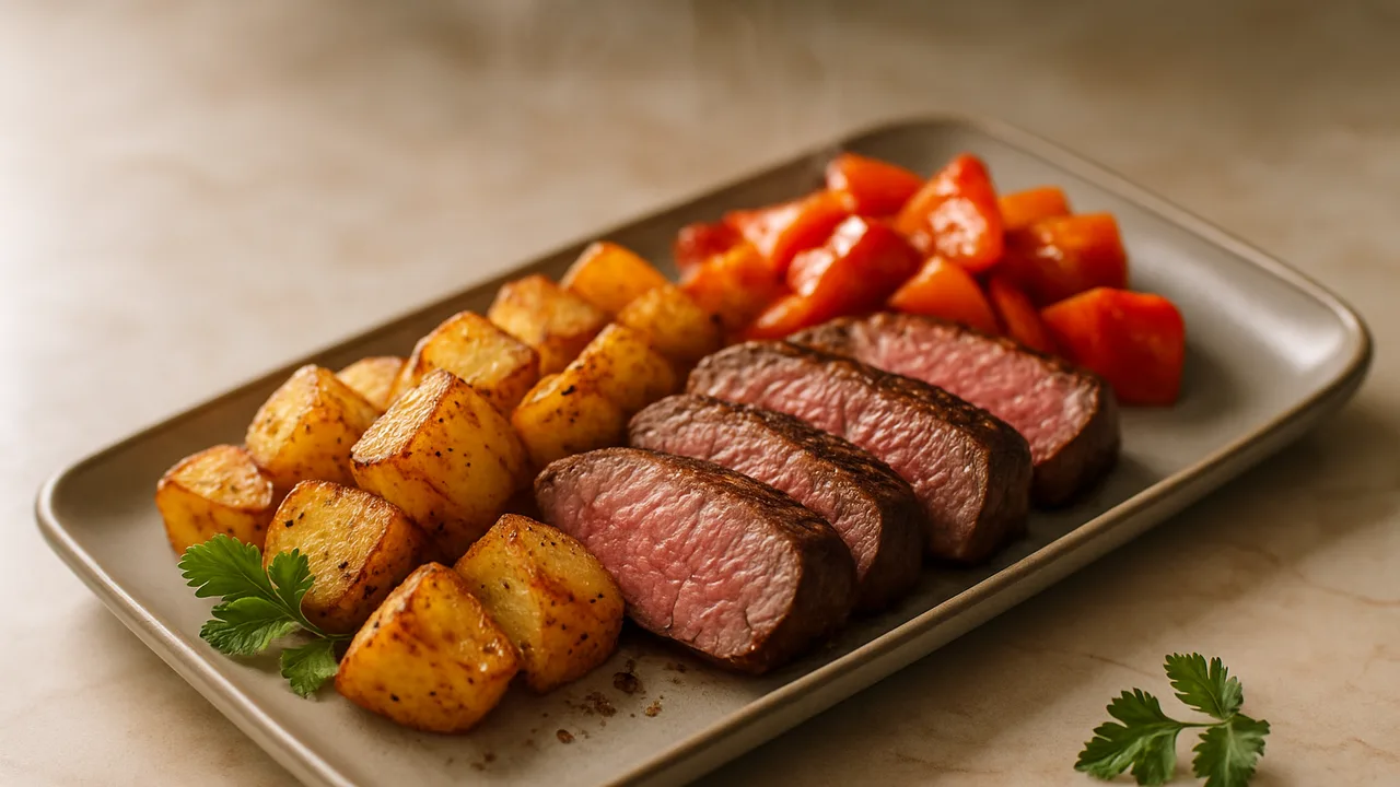 Meal-Prep Rinderfilet mit Kartoffel aus dem Airfryer mit Rinderfilet und Kartoffeln, auf beigem Marmor angerichtet.