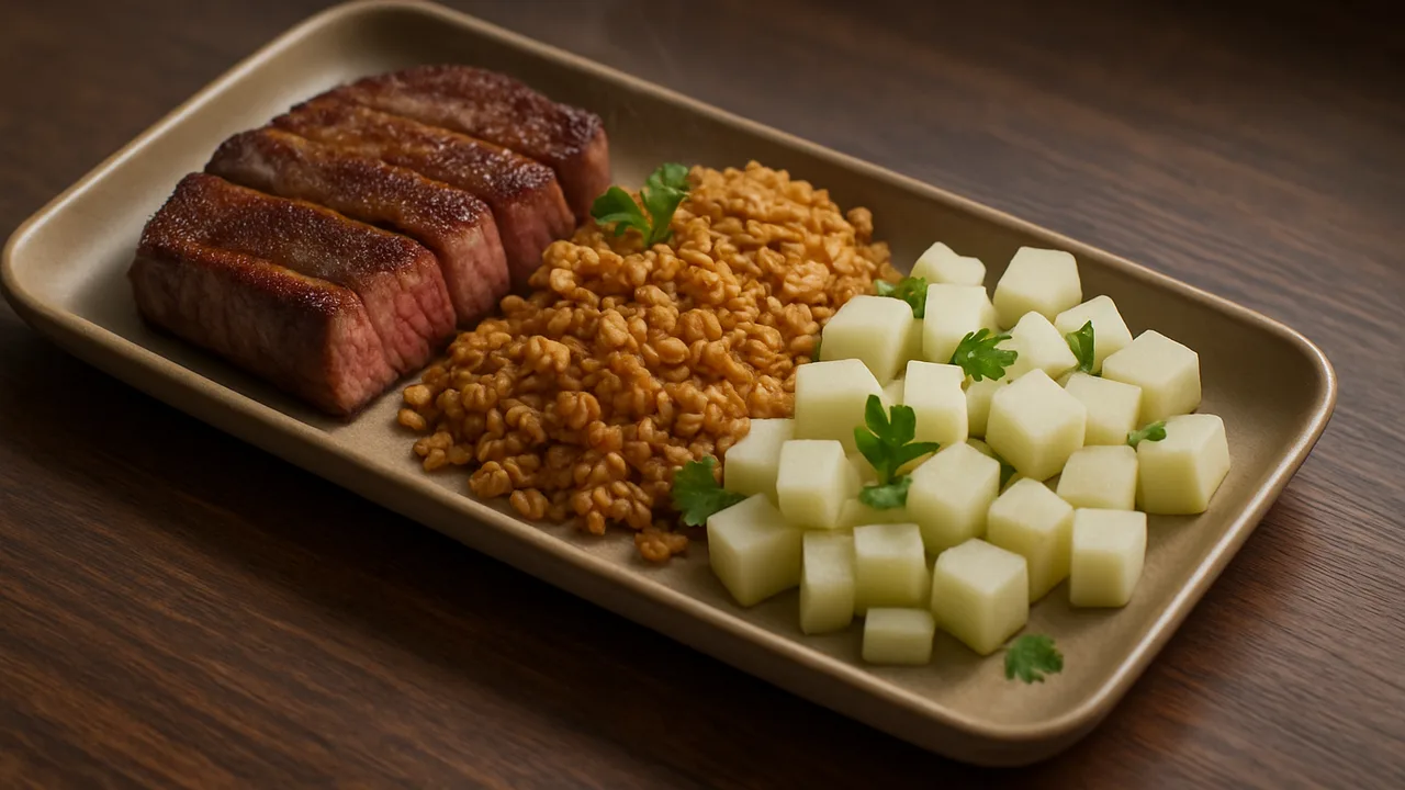 Meal-Prep Rumpsteak Bowl mit Haferflocken und Kohlrabi aus dem Airfryer mit Rumpsteak und Kohlrabi, auf dunklem Walnussholz …