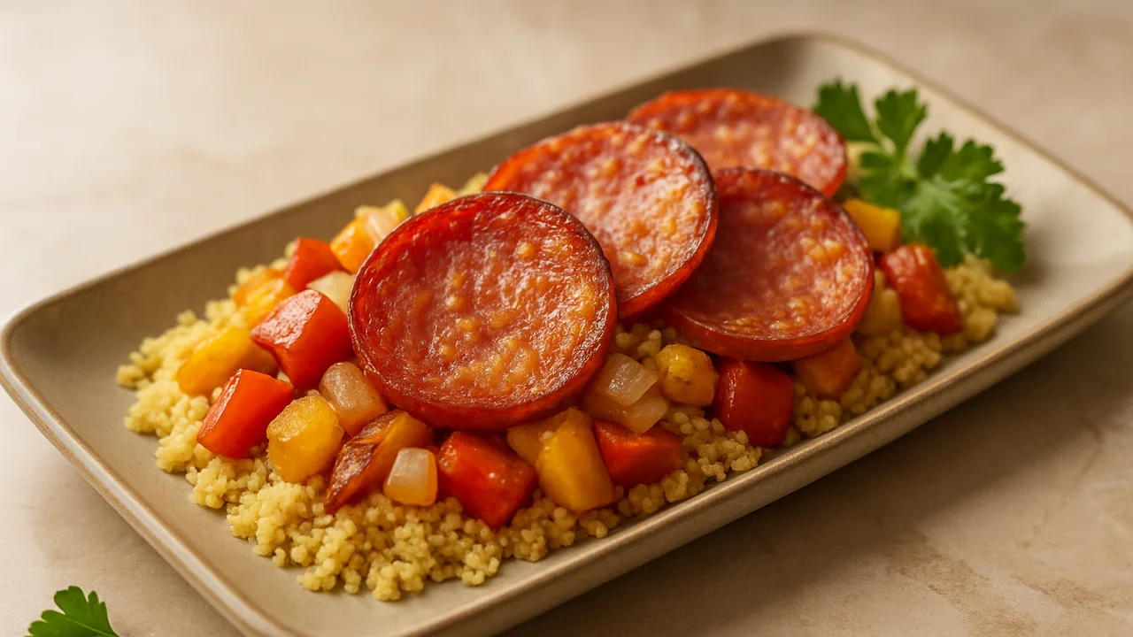 Meal-Prep Salami Bowl mit Couscous und Paprika aus dem Airfryer mit Salami und Paprika, auf beigem Marmor angerichtet.