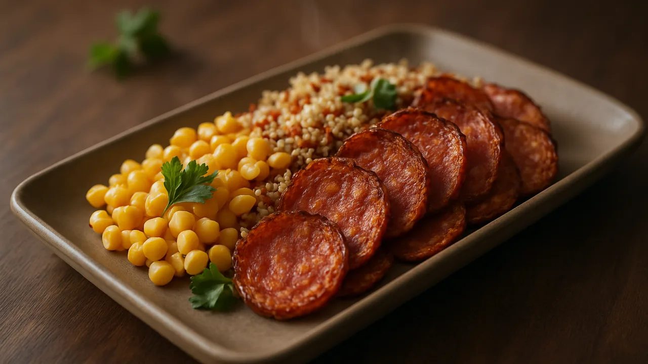 Meal-Prep Salami Bowl mit Quinoa und Mais aus dem Airfryer mit Salami und Maiskörner, auf dunklem Walnussholz angerichtet.