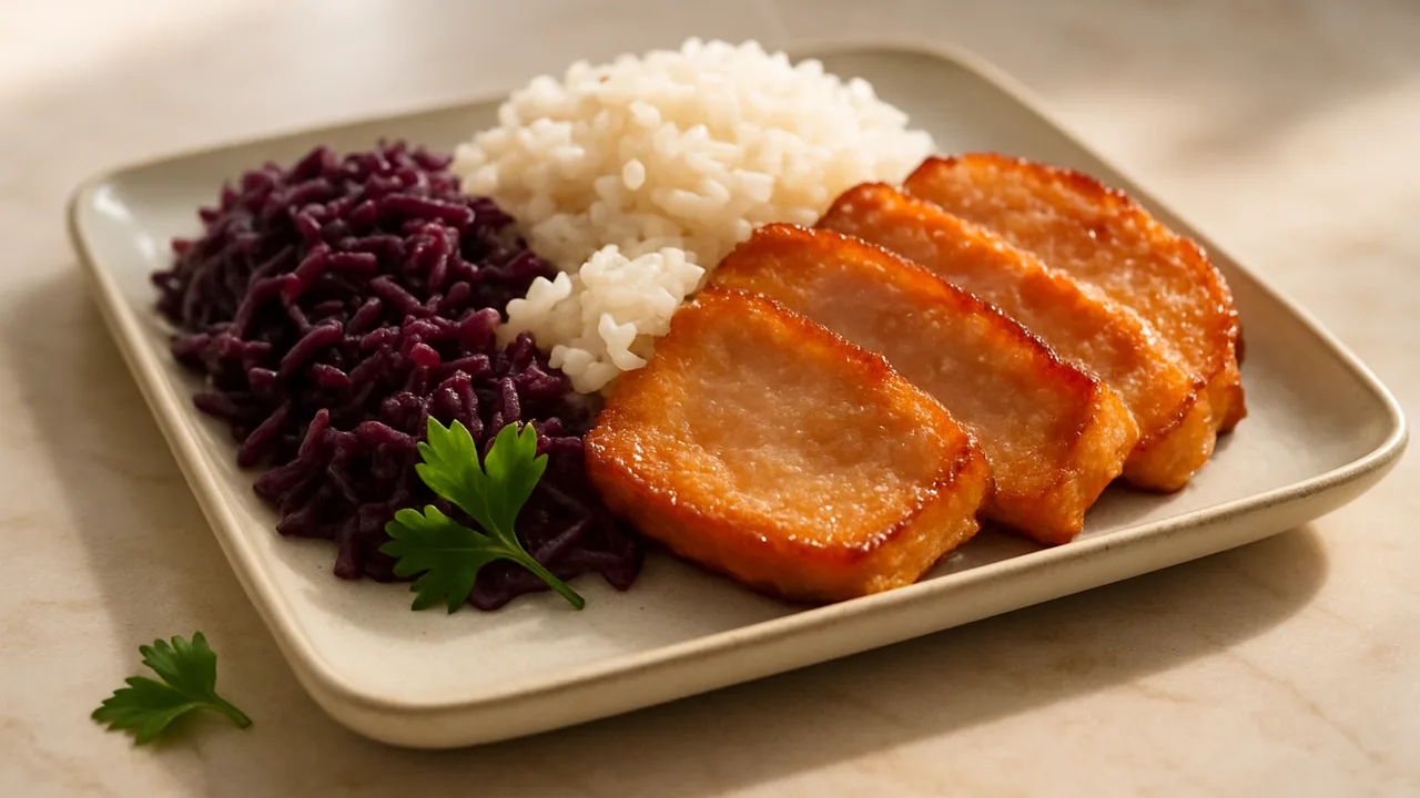 Meal-Prep Schinken Bowl mit Reis und Rotkohl aus dem Airfryer mit Schinken und Reis, auf beigem Marmor angerichtet.