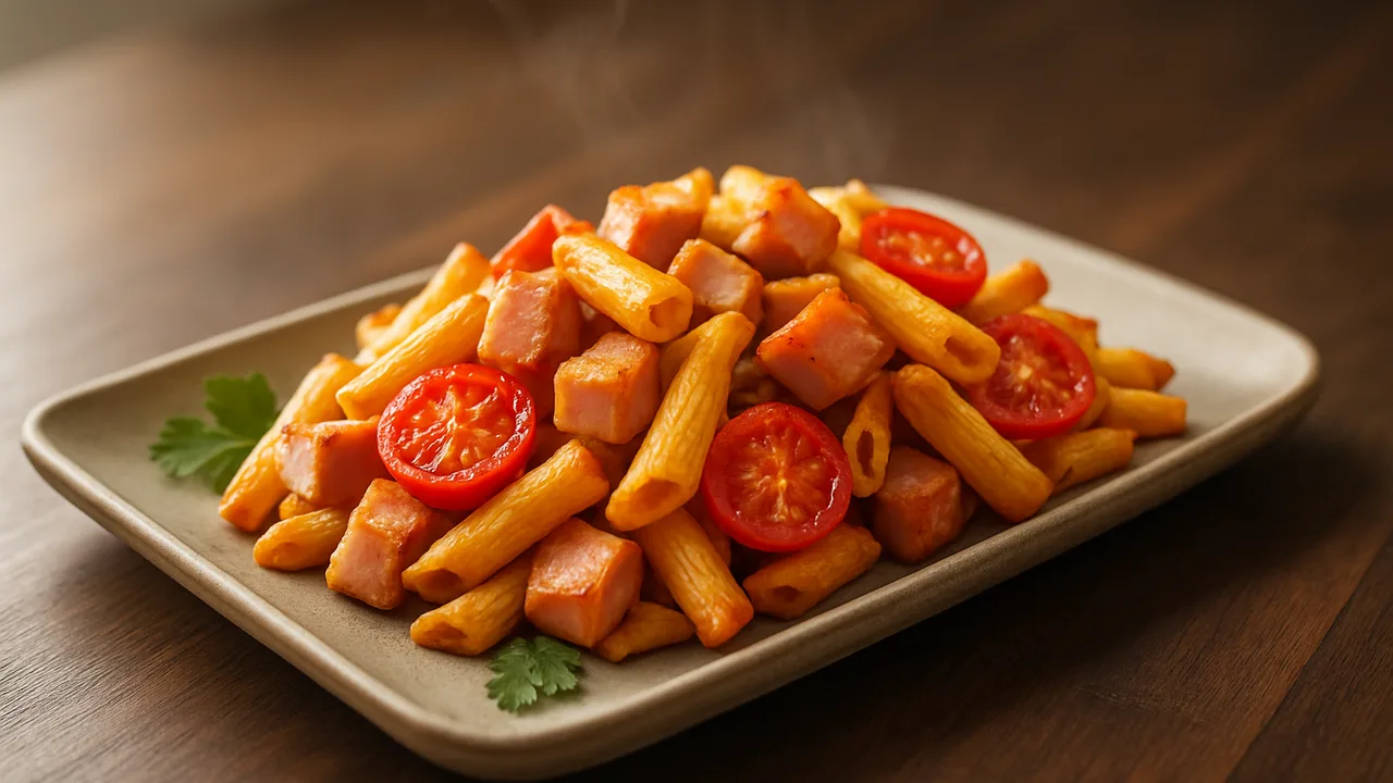 Meal-Prep Schinken Bowl mit Nudeln und Tomate aus dem Airfryer mit Nudeln und Schinken, auf dunklem Walnussholz angerichtet.