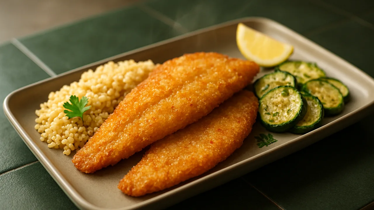 Meal-Prep Scholle Bowl mit Couscous und Zucchini aus dem Airfryer mit Schollenfilets und Couscous, auf dunkelgrünen Fliesen …