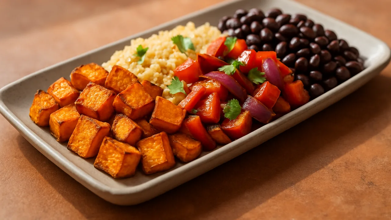 Meal-Prep Schwarze Bohnen Bowl mit Couscous und Süßkartoffel aus dem Airfryer mit Süßkartoffel und Paprika, auf …