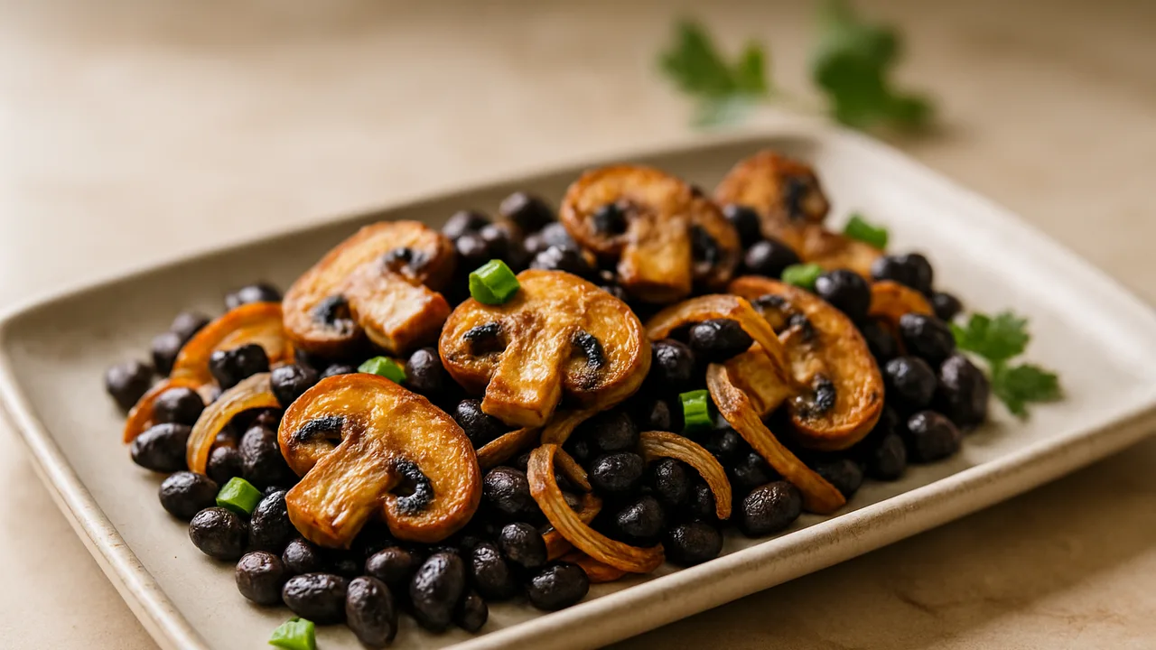 Meal-Prep Schwarze Bohnen mit Champignons aus dem Airfryer mit schwarze Bohnen und Champignons, auf beigem Marmor …
